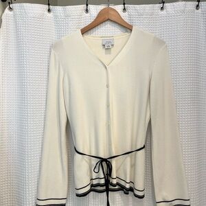 Ann Taylor LOFT Cream Cardigan set with Navy Blue Trim